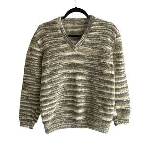 HAND KNIT Mohair Wool V-Neck Long Sleeve Sweater Green Cream S